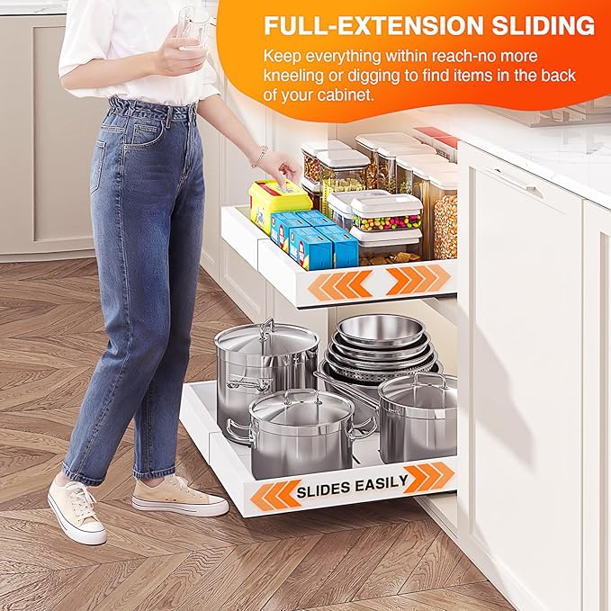 LEGUANG 2 Pack Expandable Pull-Out Cabinet Organizers (12.6-20.4" W x 21" D) - Upgraded 3 Quiet Slide Rails, Nano-Film Adhesive Fixing, White, Fit Kitchen/Living Room/Bathroom/Vanity