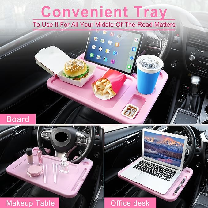 JUSTTOP 4 in 1 Car Steering Wheel Desk for Laptop, Versatile Upgraded Car Seat Tray, Spacious Steering Wheel Table with Tablet Holder and Dual Sauce Racks, Steering Wheel Under Table Console (Large+Pink)