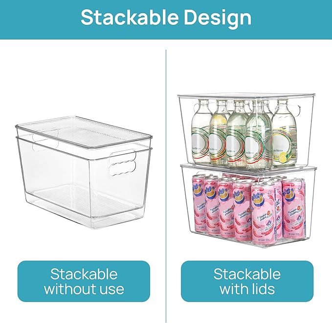 Vtopmart 6 Pack Clear Stackable Storage Bins with Lids, XLarge Plastic Containers with Handle for Pantry Organizer and Storage, Perfect for Kitchen, Fridge, Cabinet, Closet, Bathroom Organization