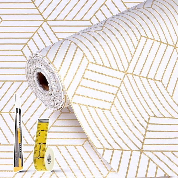 Shelf Liners for Kitchen Cabinets 11.8 x 236.2in Non-Adhesive Shelf Liner Paper Non-Slip Thickened Drawer Liner Easy to Clean for Tool Box Refrigerator with Knife and Tape Measure, Gold Geometric