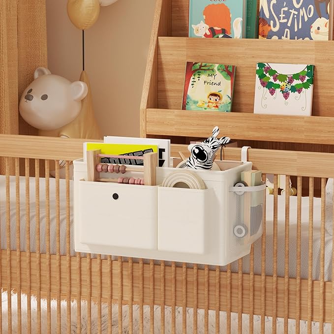Bedside Caddy Bedside Organizer with Fixed Straps & Water Bottle Holder, Bunk Bed Caddy ideal for Home, Dorm, Hospital, Crib, Versatile Bedside Storage Solution (White 2pcs)