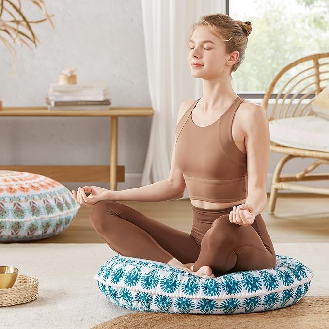 Codi Meditation Floor Pillow Set of 2, Round Large Pillows Seating for Adults, Bohemian Mandala Circle Cushion for Outdoor Fireplace Yoga Living Room, 32 Inch, Memory Foam Added, Aqua