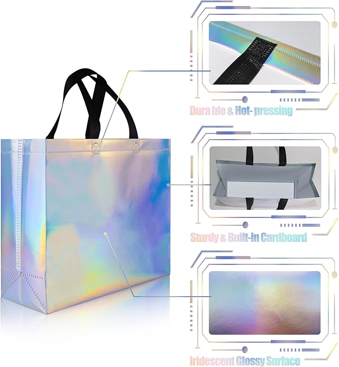 cabzymx 25 Pcs Iridescent Glossy Reusable Gift Bags with Handles & Sturdy Bases, 12.6x4.7x11 In Holiday Party Gift Bags Bulk for Birthday, Wedding, Xmas, Thanksgiving
