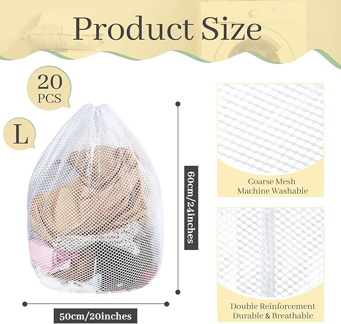 20 Pcs Mesh Laundry Bags Bulk with Drawstring 20 x 24'' White Heavy Duty Mesh Bag Machine Washable Sturdy Large Net Laundry Wash Bag for Dormitory College Apartment Travelling Camping