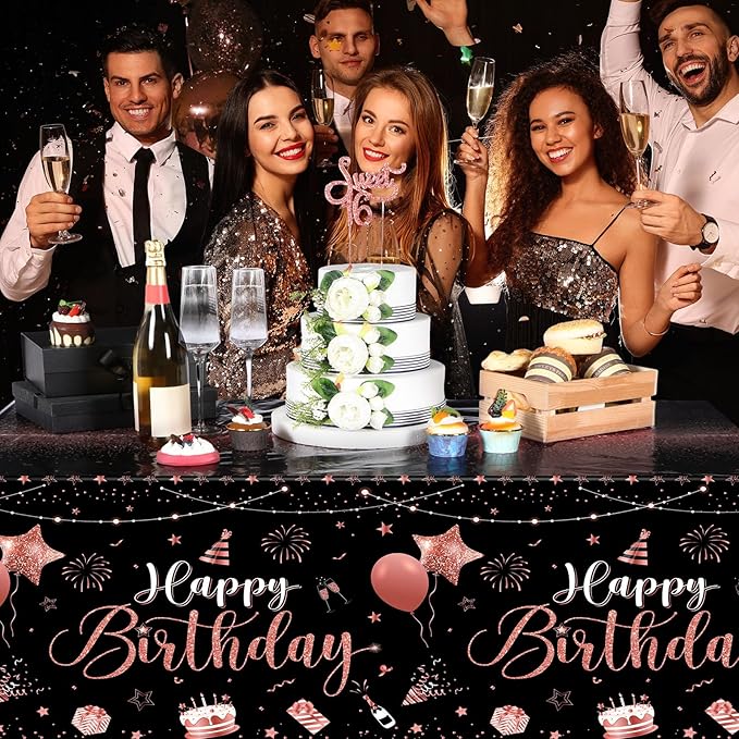 Tudomro 3 Pcs Happy Birthday Tablecloths Happy Birthday Party Decorations Plastic Table Cover Rectangular Cloths for Women Men Baby Shower Party Supplies, 108 x 54 Inch (Black Rose Gold)