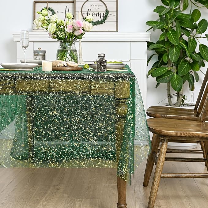 Horaldaily Green Gold Gauze Tablecloth 60x104 Inch Rectangular, Green Sequin Glitter Metallic Foil, Sheer Tulle Cheesecloth for Wedding Baby Shower Ceremony Birthday