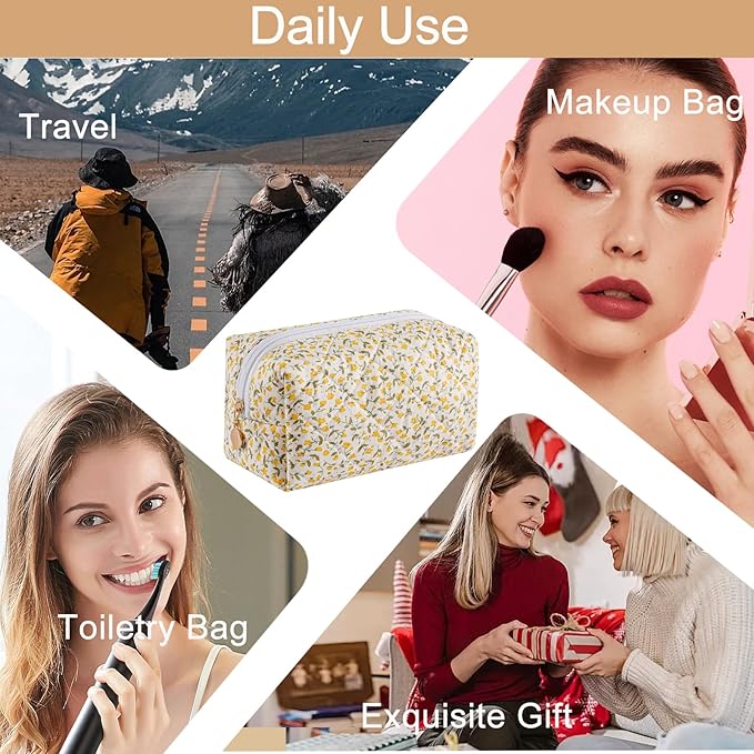 HHQQWZ Makeup Bag Travel Cosmetic Bag for Women Girls, Zipper Make Up Pouch, Floral Flowers Toiletry Organizer Makeup, Portable Storage Cosmetic Travel Cloth Bag (Yellow Floral)