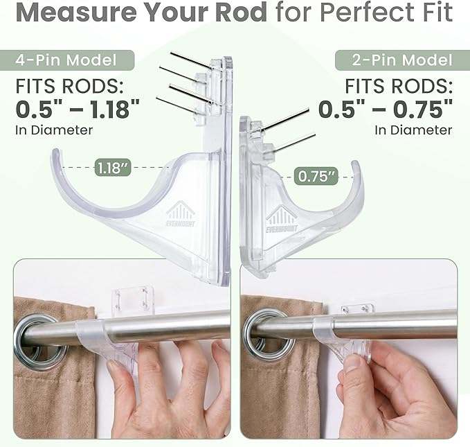 No Adhesive Heavy Duty Curtain Rod Holders with Wide Hook, 5X Stronger Than Adhesive Curtain Rod Hooks,Tension Curtain Rod Bracket for Wall with Pin Guide, Curtain Wall Mount (8 Pack, for 1.25" Rods)