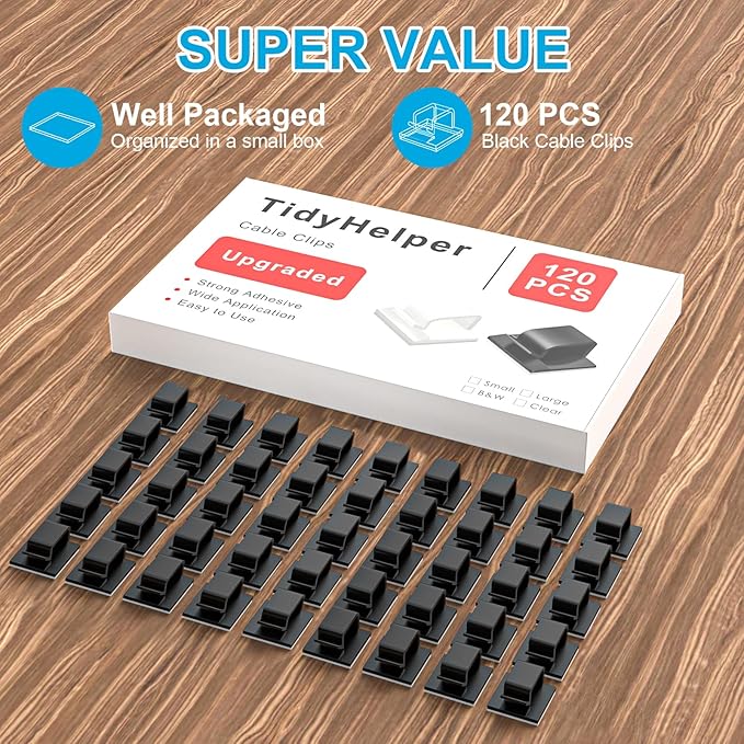 120 PCS Cable Clips, Adhesive Cord Clips for Wires on Wall, Strong Wire Clip Holders Cord Organizer for Cable Management, Christmas Lights, USB, Phone Charger, Cat 6, Car Dash Cam (Large, Black)