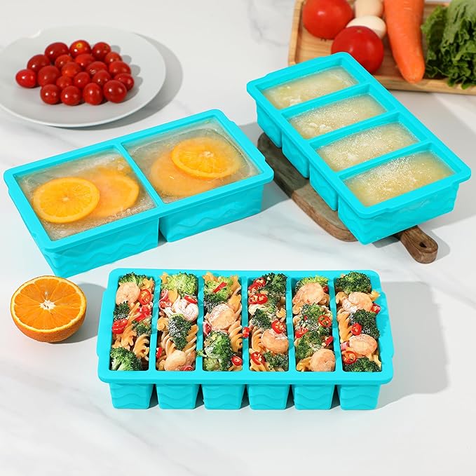 3-Pack Silicone Freezer Trays with Lid,2 Large 2-Cup(500ml)&4 Medium 1-Cup(125ml)&6 Small 1/2-Cup(75ml) Soup Freezer Container Molds,Ice Cube Tray For Meal Prep&Freezing Soup,Stews,Sauces