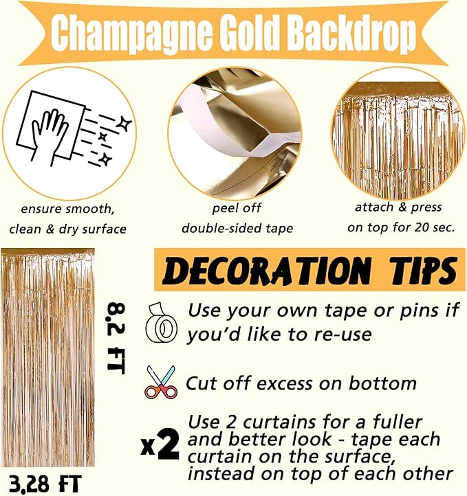 4 Pack Champagne Gold Fringe Curtain Backdrop, 3.2Ft x 8.2Ft Metallic Tinsel Foil Fringe Streamers Background for Photo Booth Birthday Wedding Baby Shower Carnival Easter Mother’s Day Party Decoration