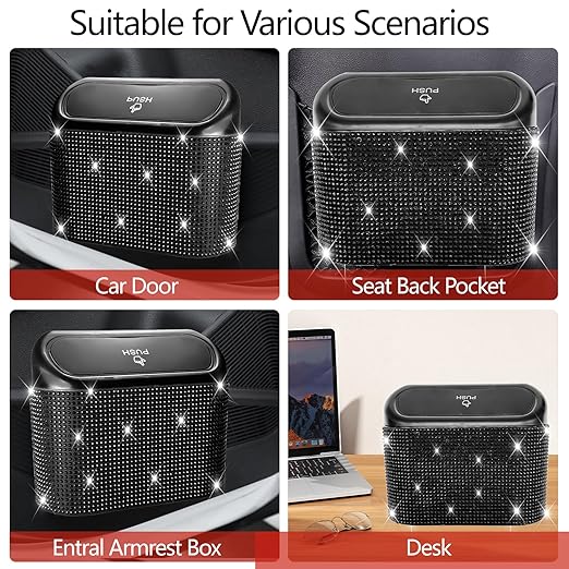 NBTEPEM Bling Car Trash Can with Lid, Mini Auto Garbage Can with 30 Trash Bags, Leakproof Automotive Garbage Container Bin, Bling Car Accessories Trash Can for Women (Black Diamond)