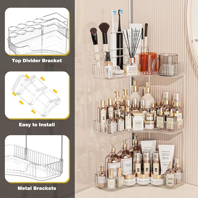 3-Tier Corner Bathroom Counter Organizer with Top Toothbrush Holders, Large Makeup Organizer Countertop with Brush Holder, Skincare Organizers Corner, Exquisite Vanity Organizer (Clear, 3 Tier)