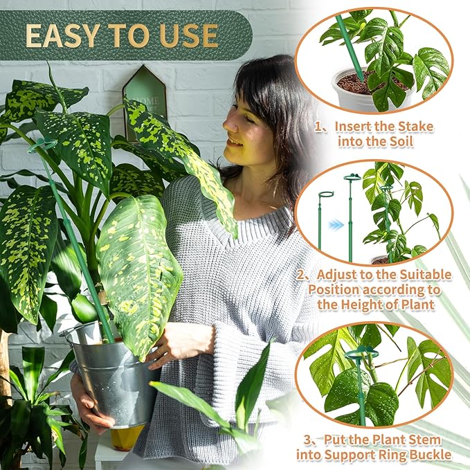Telescoping Plant Stakes, 3Pcs 17.9In to 42.3In Adjustable Monstera Plant Support Orchid Sticks with Clips, Plant Sticks Support Tall for Monstera, Orchids, Tomatoes, Vines & Indoor Outdoor Plants