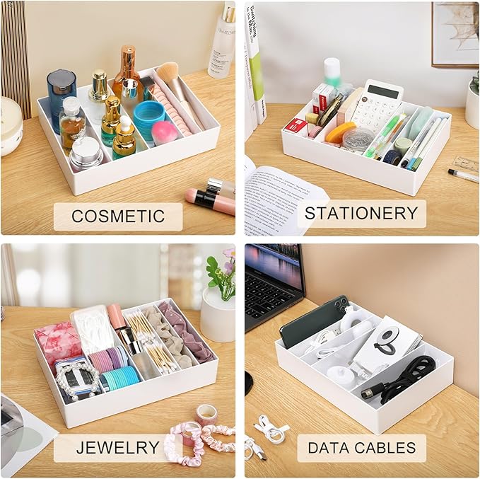 PAVSTINE 2 Pcs Large Cable Organizer Box with Wire Ties, Plastic Charger Organizer box with 8 Compartments, Stackable Cord Organizer Box for Office, Home, Desk Drawer Stationery Supplies Storage, White