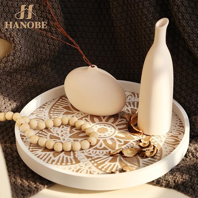 Hanobe Decorative Serving Tray Round: Farmhouse Coffee Table Decor Boho White Mandala Trays for Living Room Kitchen Centerpiece Display
