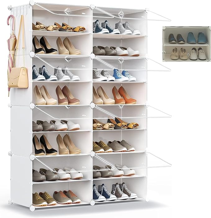 HOMICKER Shoe Rack Organizer, 32 Pair Shoe Storage Cabinet with Door Expandable Plastic Shoe Shelves for Closet, Entryway, Hallway, Bedroom