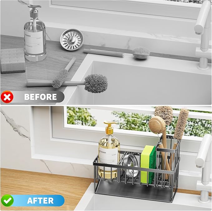 Cisily Kitchen Sink Caddy Organzier with High Brush Holder, Sponge Holder for Sink, 304 Rustproof Stainless, Kitchen Countertop Soap Dispenser Organizer, Kitchen Decor and Accessories