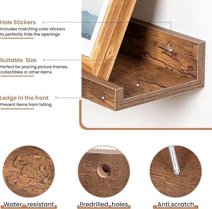 Fun Memories Picture Ledge Shelves, Set of 2, 32 Inch Rustic Wall Mounted Floating Shelves with Lip for Home Storage and Decor in Bathroom, Kitchen, Nursery, Bedroom, Living Room, Brown