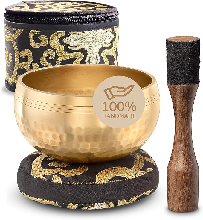 Tibetan Singing Bowl Set with Case – Authentic Plain Design – Meditation Bowl & Sound Bowl with Cushion, Mallet & Guide – Sound Bath Instruments – Yoga Meditation Kit