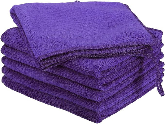 HARFINGTON 6 Pack Microfiber Cleaning Cloth, 10" x 10" Multi-Functional Cleaning Towels Reusable Absorbent Rags with Hook for Car Wash Kitchen Household Window Clean, Purple