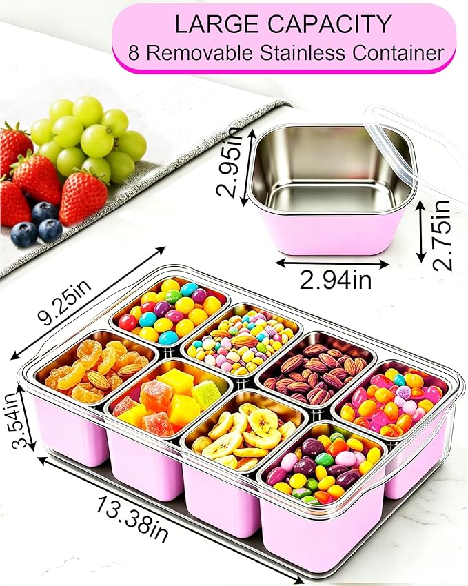 Snackle Box Container, Stainless Steel Divided Serving Tray with Lid and Handle, Large Snack Tray for Fruit Veggie Candy, 8-Compartment Snack Platter for Travel Beach Picnic,with Pink Silicone Sleeve