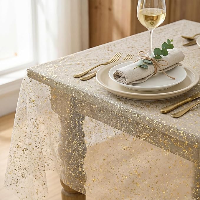 Horaldaily Apricot Gauze Tablecloth 52x70 Inch Rectangular, Golden Sequin Glitter Metallic Foil, Sheer Tulle Cheesecloth for Wedding Baby Shower Ceremony Birthday