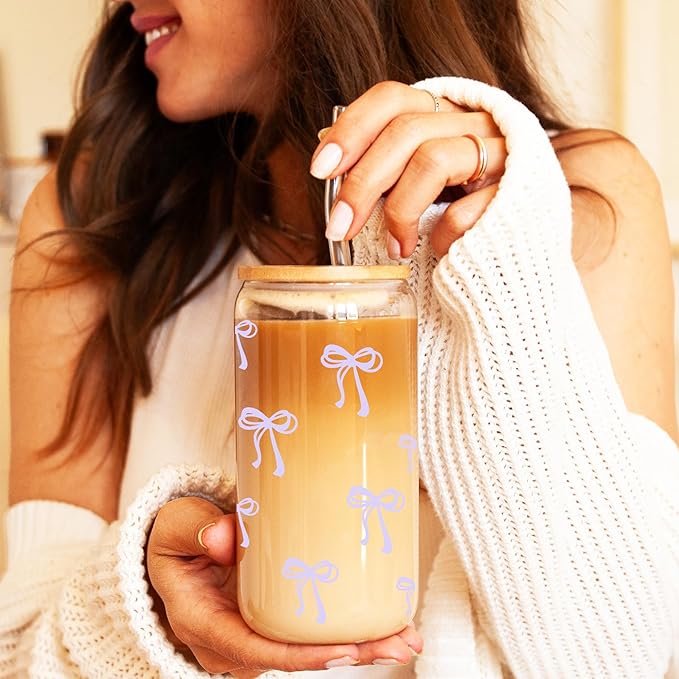 Coquette Cute Lavender Light Purple Bow Glass Cups with Lids and Straws, Aesthetic Iced Coffee Cup Preppy Room Decor, Christmas Valentines Birthday Gifts for Women, Teen Girl Gifts Trendy Stuff