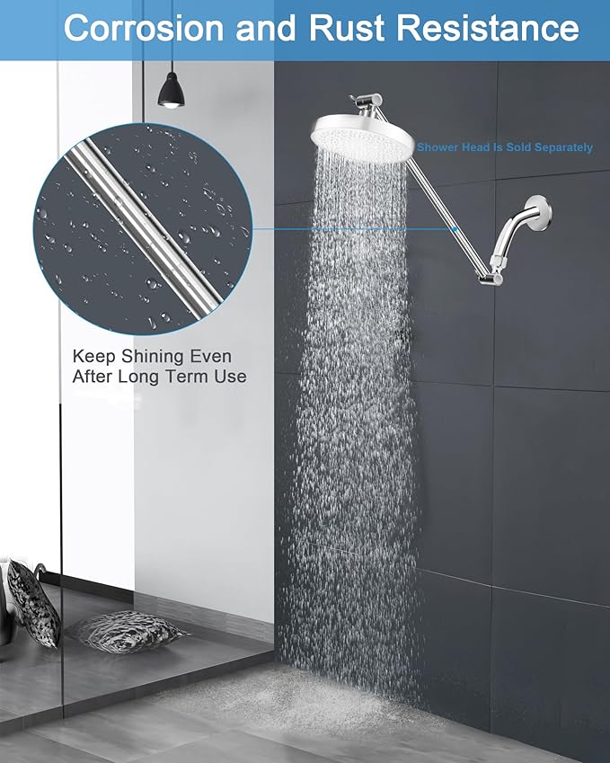 15 Inch Extra Long Adjustable Shower Head Extension Arm With Locking Set Screw, Singing Rain 304 Stainless Steel Chrome Angle Height Adjustable, G1/2 Universal Connector Compatible (Chrome Finish)