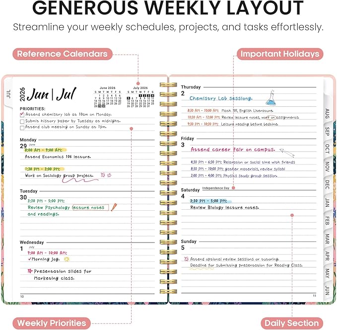 Planner 2026-2027, Academic Year Weekly and Monthly Calender Planner, from Jul 2026 - Jun 2027, Spiral Bound School Planning Book, Perfect for Teacher, Student, Women & Men, A5 (6.3" x 8.5"), Meadow Wanderer