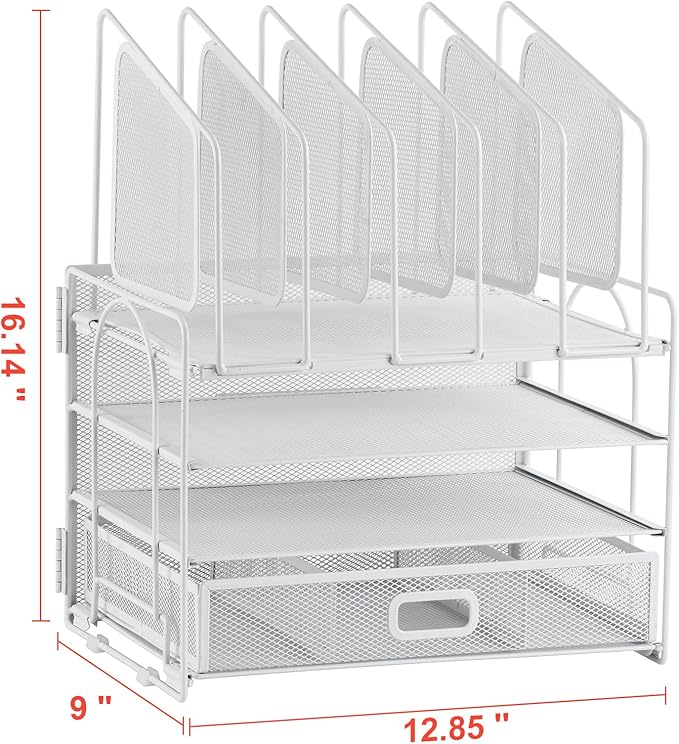 Marbrasse Desk Organizers, 4-Tier Mesh Desk File Organizer with 5 Vertical File Holders and 2 Pen Holders, Multifunction Desktop Organizer, Desk Organizers and Accessories for Home Office (White)