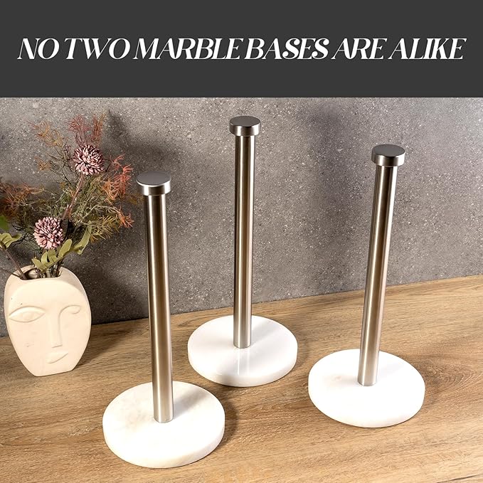 Koville African Genuine Marble Paper Towel Holder Countertop, 6" Stone Base Silver Rod Paper Towel Holder Stand for Kitchen Storage, for Standard or Jumbo-Sized Rolls