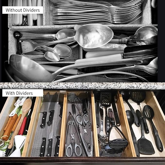 Utoplike 4 pcs Bamboo Kitchen Drawer Dividers Large, Adjustable Drawer Organizers, Spring Loaded, Works in Kitchen, Dresser, Bathroom, Bedroom, Drawer, Desk