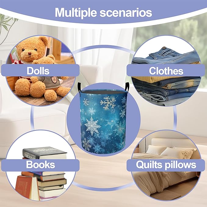 Laundry Basket-Christmas Blue Snowflakes Foldable Waterproof Oxford Cloth Funny Tote Bag Laundry Hamper Clothes Storage Bucket Organizer For Bathroom/Laundry Storage/Bedroom Storage Basket