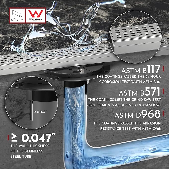 WEBANG 48 Inch Linear Shower Drain Rectangular Floor Drain with Accessories Square Hole Pattern Cover Grate Removable SUS304 Stainless Steel CUPC Certified Brushed