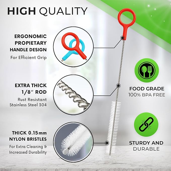 Buenalife Heavy Duty Cleaning Brushes Set of 8 - Extra Long Straw Cleaners for Metal and Plastic Reusable Drinking Straws, to Clean Small Spaces, Sippy Cups, Water Bottles - Sturdy Hard Brush Bristles