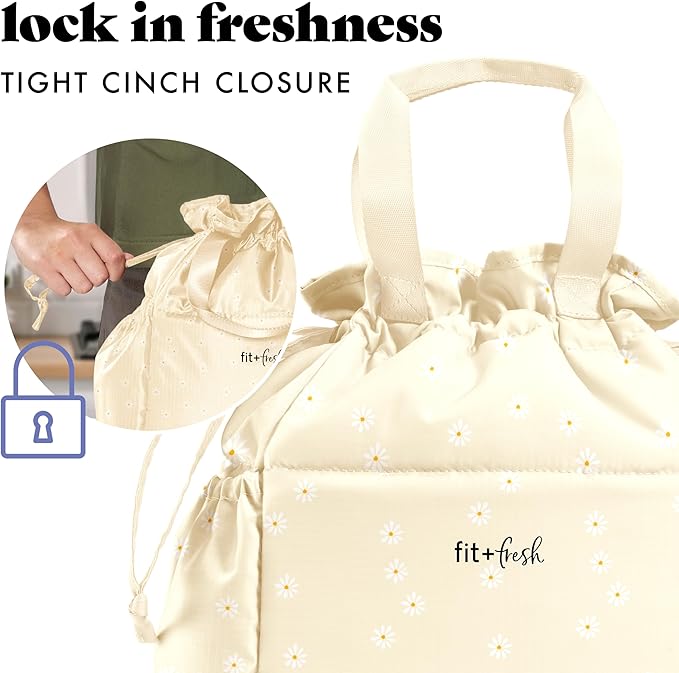 Fit & Fresh Cromwell Drawstring Lunch Bag for Women, Complete Lunch Set with 2 Containers, Stain-Resistant, Leak-Resistant, Back to School Essential, Teacher Lunchbox, Ivory Daisies