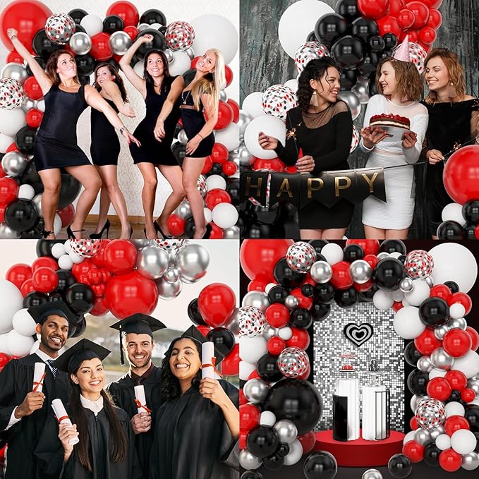 Amandir 153pcs Red Black and White Balloon Arch Garland Kit Different Sizes 18 12 10 5inch Silver Latex Metallic Confetti Graduation Balloons for Birthday Wedding Movie Night Casino Party Supplies