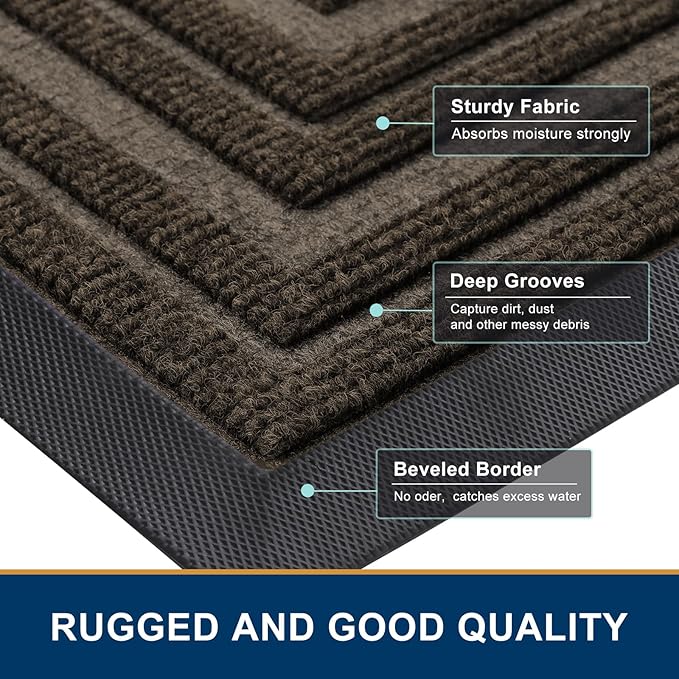 Buganda Front Door Mat Indoor Outdoor Entrance, Non-Slip Natural Rubber Doormats, Easy Clean, Low Profile, Dirt Trapper Entryway Floor Mats for Outside, Garages and Patios, 59x23, Brown