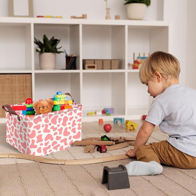 Pink Cow Print Storage Basket Waterproof Canvas Toy Storage Bin Cute Room Decor Collapsible Outdoor Basket with Leather Handles Pink Decor Blanket Baskets For Closets,Bedrooms,Gifts Baskets
