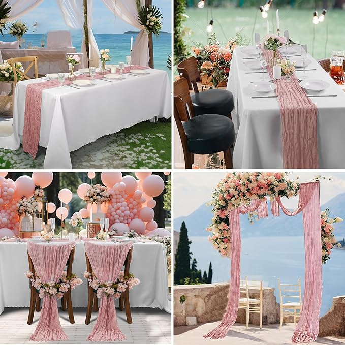Bailarina 25 Pack Cheesecloth Table Runner 17x108 Inch Long Gauze Cheese Cloth 9ft Wrinkled Sheer Table Runner for Wedding Reception Birthday Party Table Decoration (Dusty Pink)