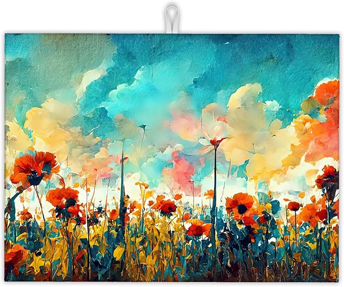 UIUPRO Colorful Flowers Dish Drying Rack Mat for Kitchen Counter, Watercolor Dish Drying Pad Absorbent Reversible Microfiber Protector for Coffee Bar Sink Countertops 18x24 Inch