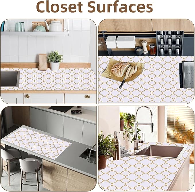Shelf Drawer Liners for Kitchen Cabinets Non Adhesive Drawer Liner Thickened Refrigerator Liner Gold Quatrefoil Strong Non-Slip Paper for Tool Box with Knife and Tape Measure,11.8 x 354.3 Inches