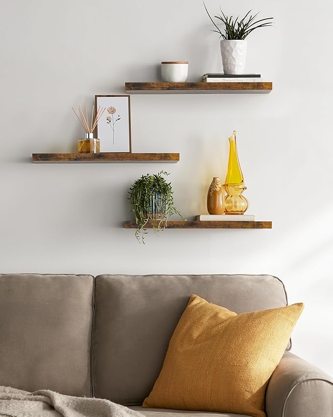 BAYKA Floating Shelves for Wall, 22.5 Inch Rustic Wood Wall Mounted Shelving for Bathroom, Bedroom, Living Room, Kitchen & Book, Hanging Display Decor Shelf with 22 lbs (Rustic Brown, Set of 3)
