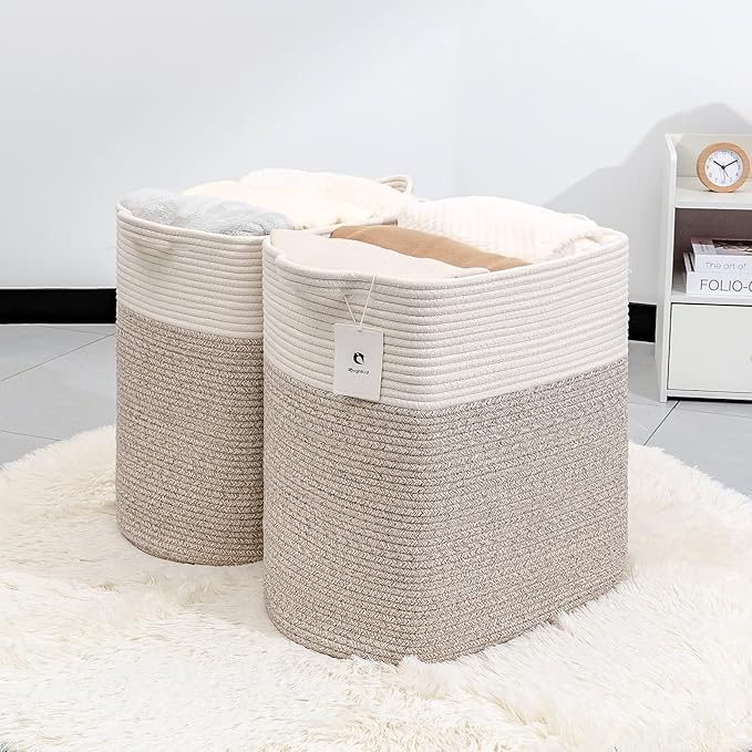 Laughbird Tall Storage Baskets for Clothes Fabric Cotton Rope Storage Basket bin with Handles, Decorative Woven Basket for Living Room,Closet Organizer Blankets, and 2bags Brown 17.8×W12.5×H17.9)