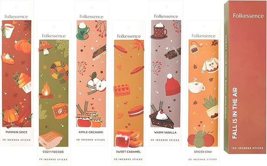 Folkulture Incense Sticks | Set of 6 (120 Fall Incense Sticks) | Non Toxic Fall Scents with 45 Min Burn Time | Pumpkin Spice, Apple Orchard, Caramel, Vanilla | Organic Inscent for Fall Essentials