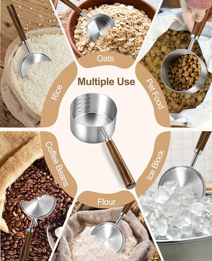 Stainless Steel Dog Food Scoop 1 Cup, Dog Food Measuring Cup With Measuring Lines (Cup/ML) & Long Wooden Handle, Metal Pet Food Scoop For Dogs, Cats and Kitchen Use, Dishwasher Safe