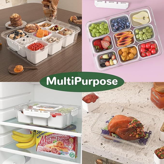 REBECAT Divided Serving Tray with Lid and Handles 9 Compartments Snack Box Container Charcuterie Organizer Snackle Box Container for Candy,Nuts,Fruits,Snacks,3 Pack,White