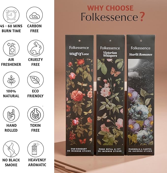 Folkulture Incense Sticks for Home | Set of 6 (120 Non Toxic Sticks) with 45 Mins Burn Time | Honey Nectar, Sweet Pea, Mangolia, Rose Incenses, Oud Inscents | Organic Incents for Relaxation