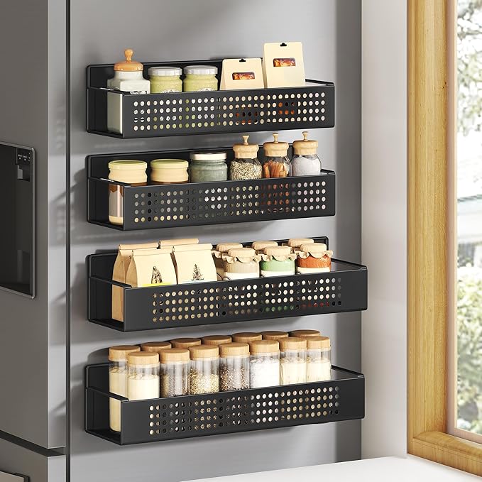 SONGMICS Strong Magnetic Spice Rack for Refrigerator, Set of 4, 2 Large and 2 Small Kichen Magnetic Shelves for Microwave, Washing Machine, Spice Organizers, No Drilling Needed, Ink Black UKCS061B01